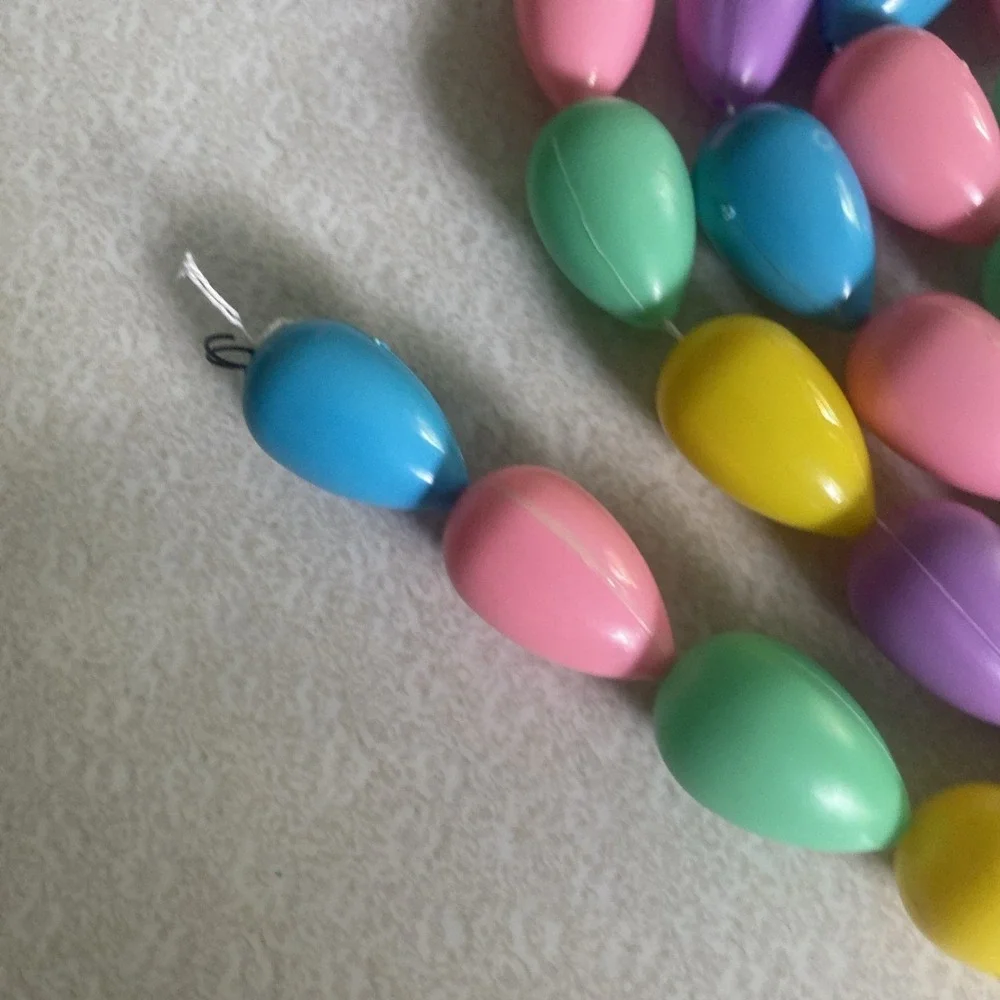 2 EASTER EGG GARLANDs True Vintage Blow Mold Plastic 7+ft Strands Bright Pastel
